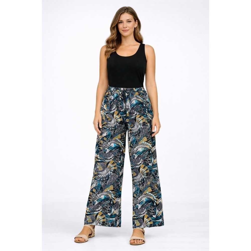 Women's Boho Wide Leg Palazzo Pants Teal/Black/Gold Print Stretch Waist Size 2